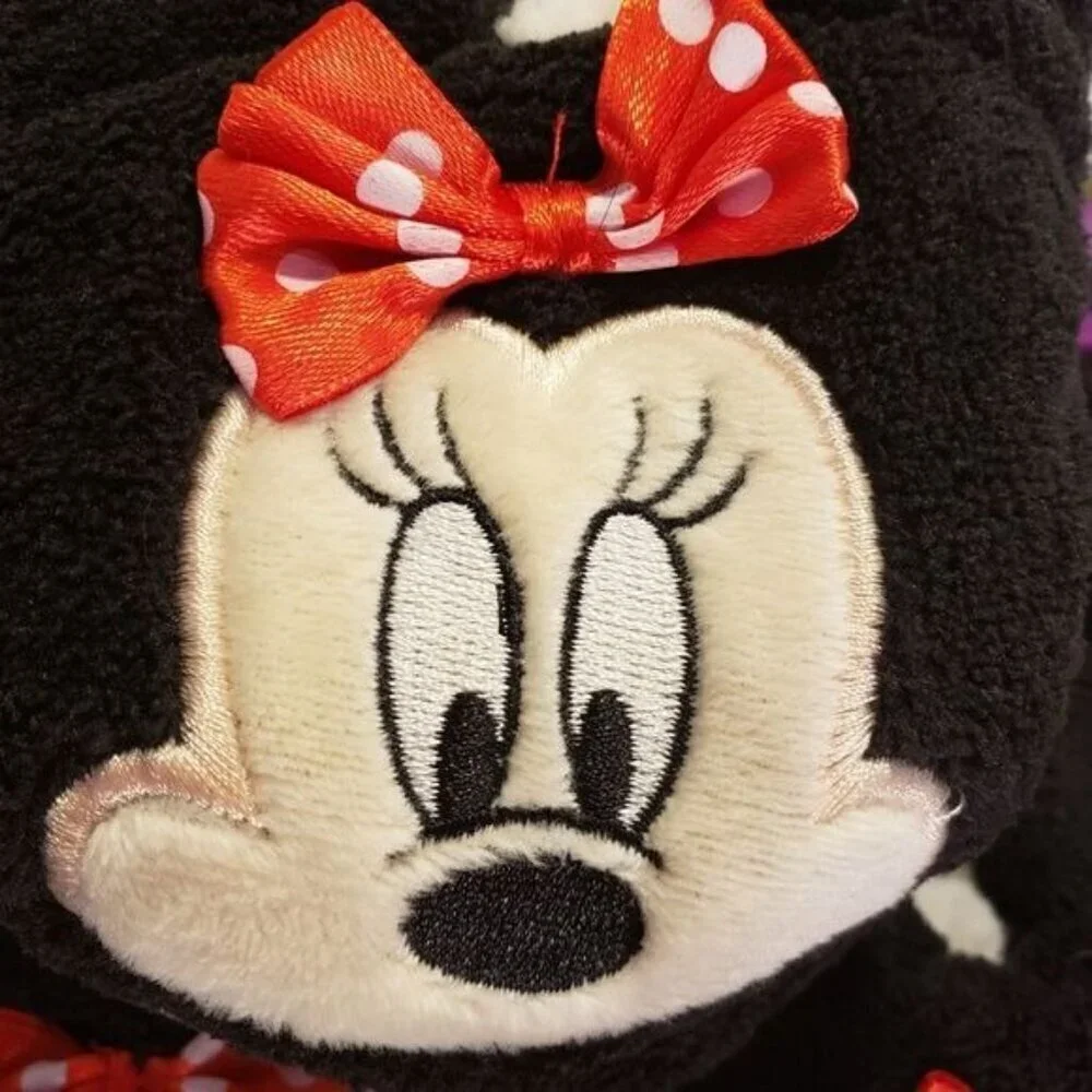 Disney Minnie Mouse Fuzzy Slippers Fleece Babba Red Bow Girl Shoe Rubber Sole